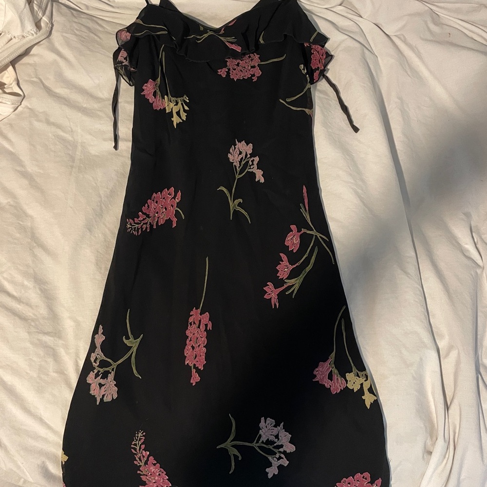 Chic Black Midi Dress with Pink Floral Design